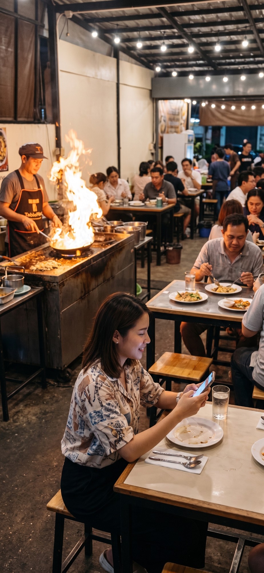 ครัวร้านอาหารสตรีทฟู้ดกำลังผัดกะเพราไฟลุก ลูกค้านั่งโต๊ะใช้มือถือ