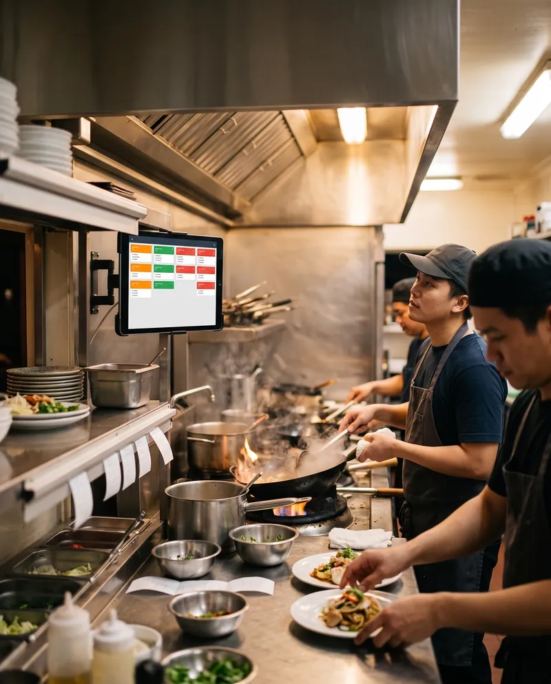 พ่อครัวในครัวร้านอาหารมองจอแท็บเล็ตที่ติดผนังแสดงออเดอร์ที่รอทำ