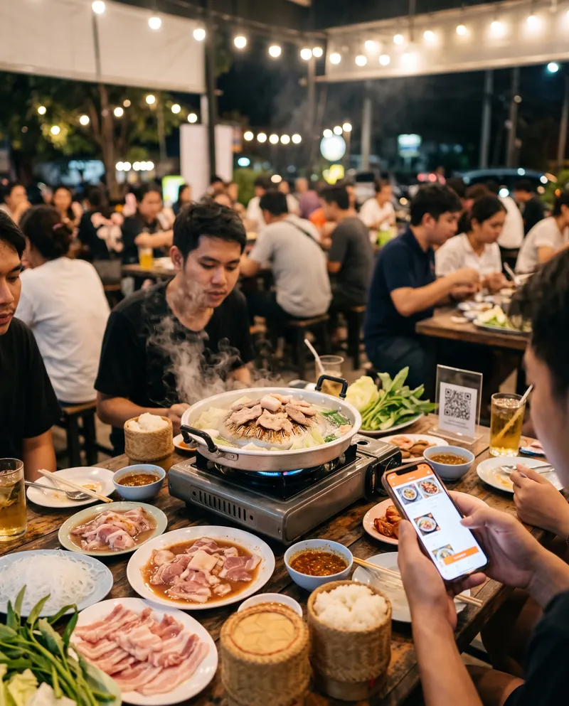 ลูกค้าที่โต๊ะหมูกระทะกลางแจ้งตอนกลางคืนถือมือถือเปิดเมนูสั่งอาหาร มีป้าย QR ตั้งอยู่บนโต๊ะ