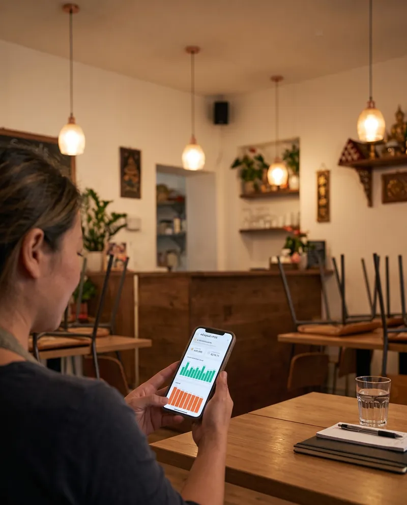 เจ้าของร้านนั่งอยู่ในร้านหลังปิดและดูกราฟยอดขายบนมือถือ