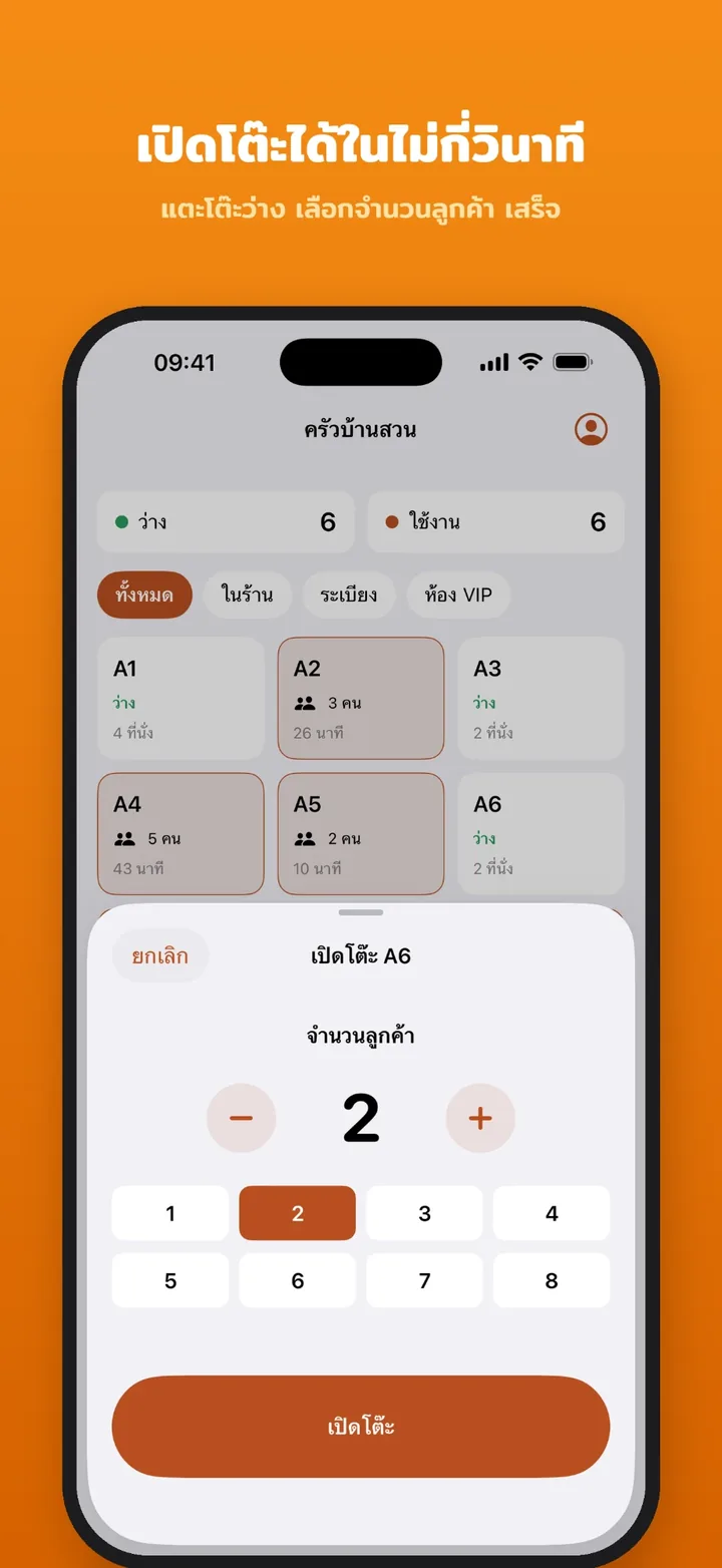 หน้าจอแอป TablePilot Mobile ตอนเปิดโต๊ะ A6 เลือกจำนวนลูกค้า พร้อมผังโต๊ะที่แสดงสถานะว่างและใช้งานอยู่